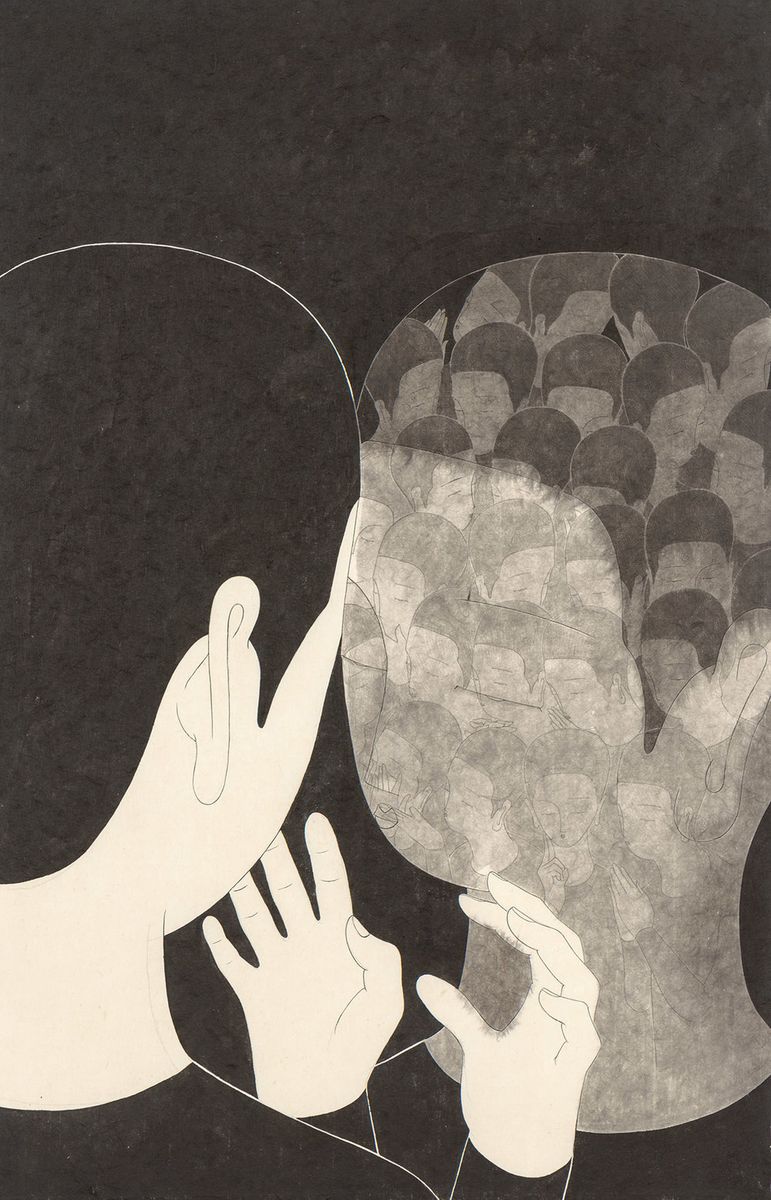 Ilustração sobre psicanálise e inconsciente — mãos tocando um rosto composto por múltiplas faces